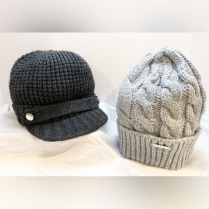 Michael Kors Woman’s Hat Cable Knit Black MK Logo On Buttons/Gray Stocking Hat